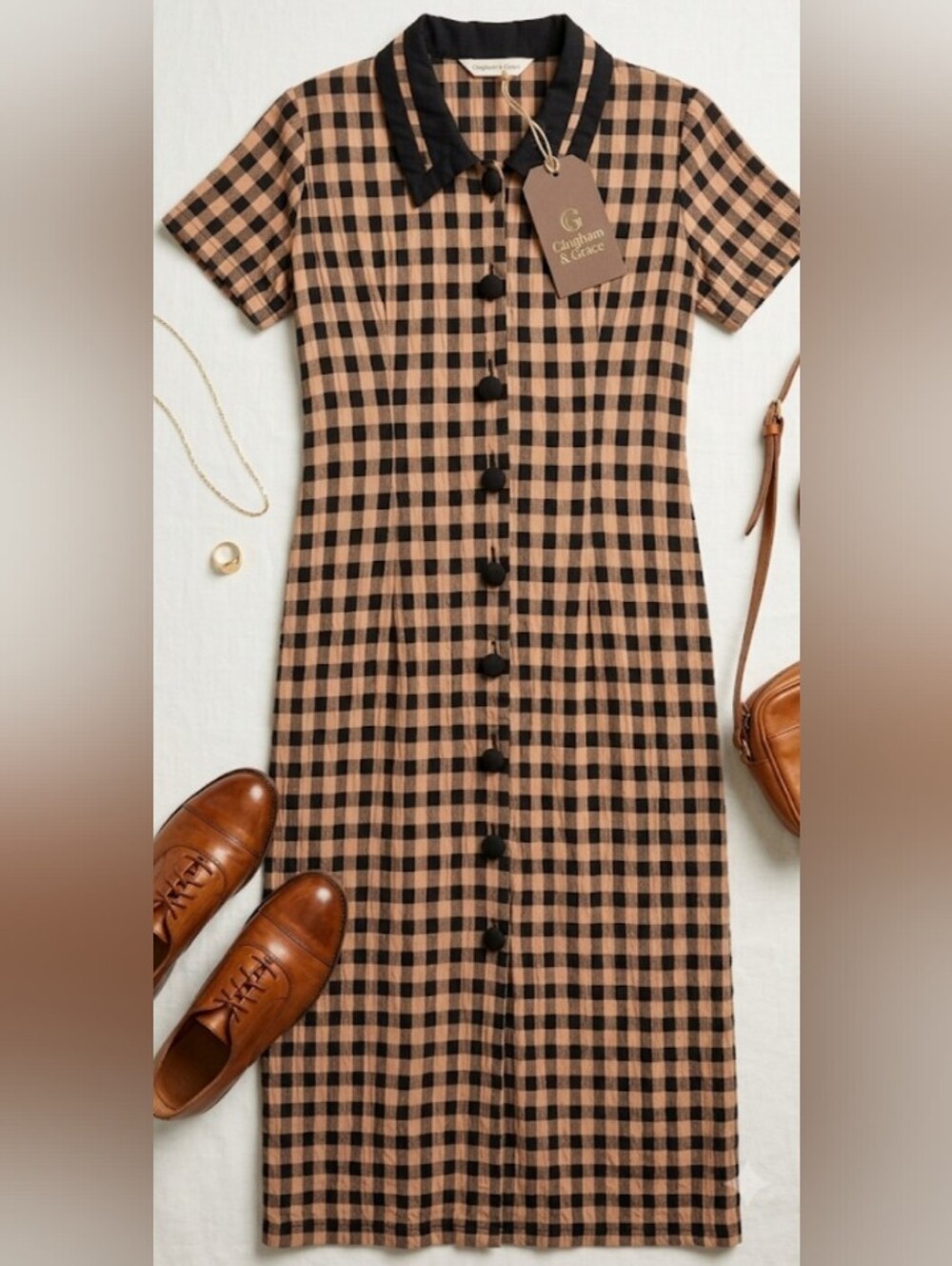 Black and Tan Checked Collar Midi Dress